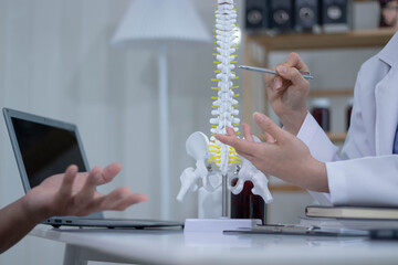 Asian female doctor tells male patient about spinal curvature and prevention of skeletal problems. Man listens to professional doctor admiring anatomical model of her spine.