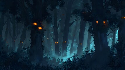 A dark and eerie forest with glowing eyes peering out from the trees halloween day