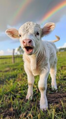 Fototapeta premium Young white calf under a rainbow in green field
