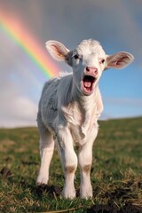 Fototapeta premium Playful white calf with open mouth under rainbow