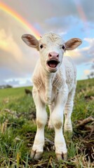 Obraz premium Young white calf on grassy field beneath a rainbow.