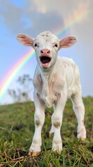 Obraz premium Sweet young calf on a grassy hill under rainbow sky.