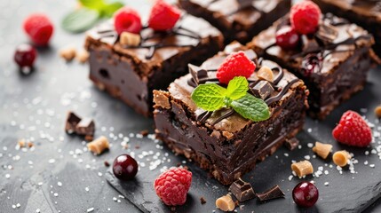 Chocolate brownies with toppings on a grey backdrop food close up