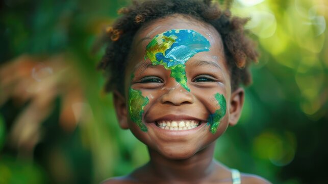 Smiling African Child with Earth Face Paint, world smile day advertising.