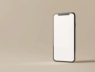 Minimalistic image of a sleek smartphone with a blank white screen, set against a neutral beige background.