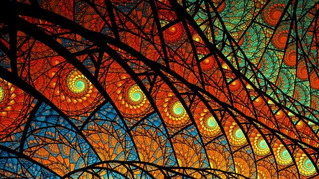 Abstract looping spiral fractal art background, like stained glass.