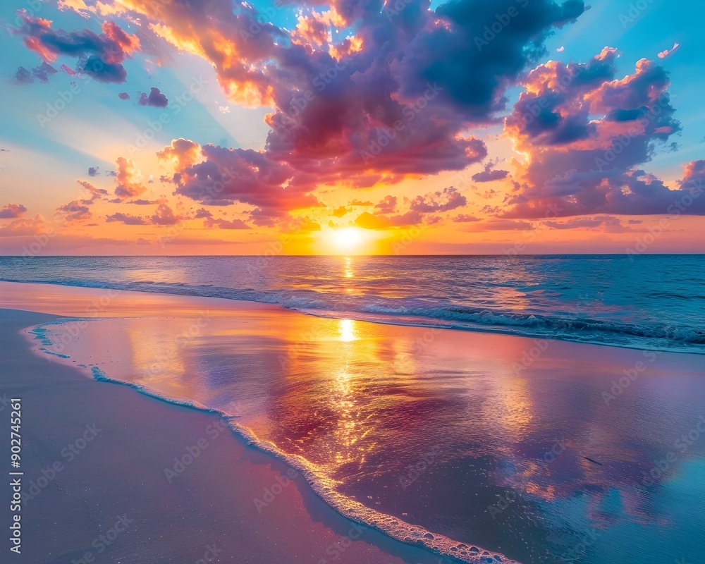 Poster Breathtaking Sunset over Tropical Beach with Vibrant Colors Reflecting on the Calm Waters