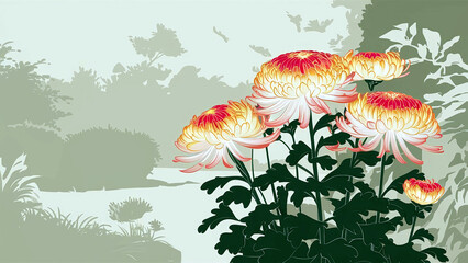 Naklejka premium A stunning minimalist vibrant chrysanthemums against a soft garden background, creating a serene and elegant floral composition. 