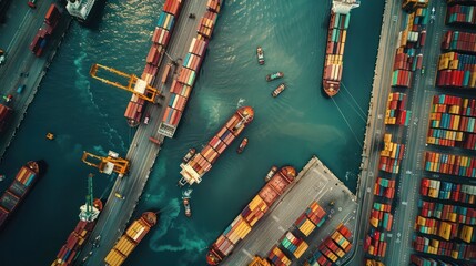 Overhead view of a busy shipping port, showcasing global trade and transport logistics.