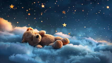 Plush Teddy Bear Lying on Fluffy Clouds with Starry Background