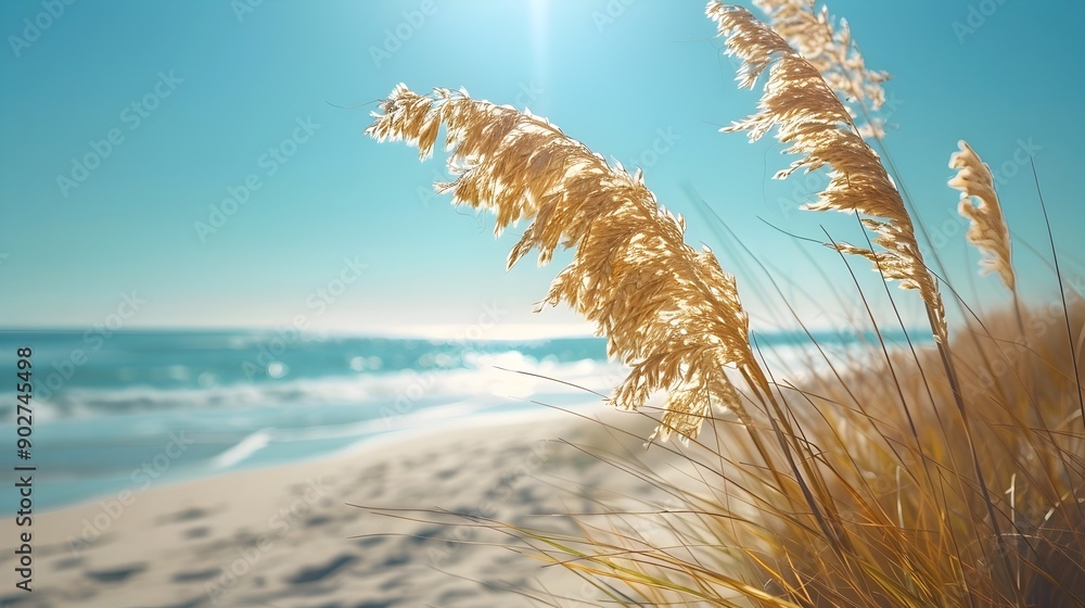 Poster Serene Coastal Landscape with Swaying Grasses and Distant Ocean Horizon