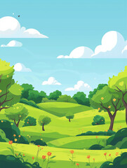 cartoon illustration of a green landscape with trees and flowers