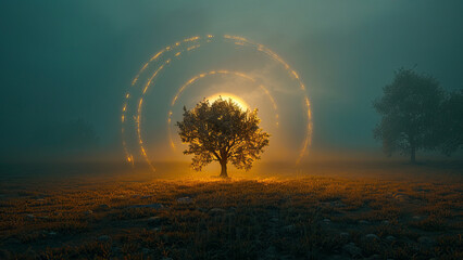 Mystical Tree with Glowing Ring in a Foggy Field