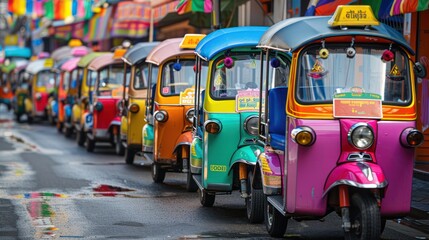 Row of colorful tuk-tuks in a bustling market, highlighting cultural and vibrant transport themes.