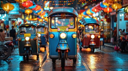 Row of colorful tuk-tuks in a bustling market, highlighting cultural and vibrant transport themes.