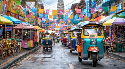 Row of colorful tuk-tuks in a bustling market, highlighting cultural and vibrant transport themes.