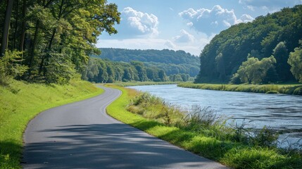 Scenic bike path along a river, ideal for recreational and eco-friendly transport backgrounds.