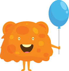 Happy, smiling orange cartoon monster holding a blue balloon