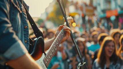 A close-up of a local musician performing at a neighborhood block party, with a vibrant crowd enjoying the music