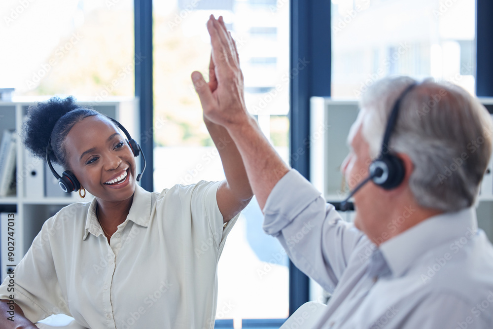 Poster Teamwork, business people and high five for success in call center, solution or achievement of sales target. Staff, man and woman for coworking with hand gesture, celebrate or telemarketing in office