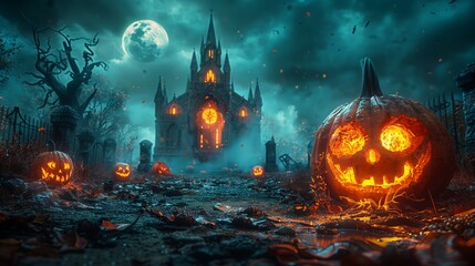 Eerie Halloween Night With Glowing Pumpkins and Haunted Castle Under a Full Moon