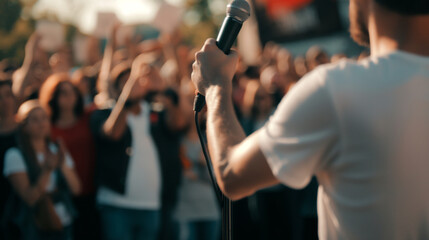 A close-up of a community leader giving a speech at a neighborhood event, with a crowd listening attentively and clapping