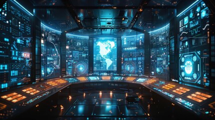 Smart grid control room with futuristic interfaces, smart grids, energy efficiency breakthroughs