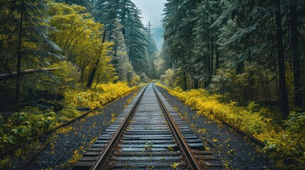 Obraz premium Scenic railway track through a forest, symbolizing serene and picturesque travel.