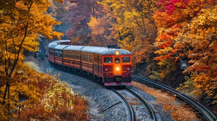Fototapeta premium Suburban train passing through autumn foliage, ideal for seasonal travel backgrounds.