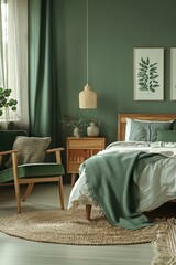 Modern Scandinavian bedroom interior with green accents and natural light