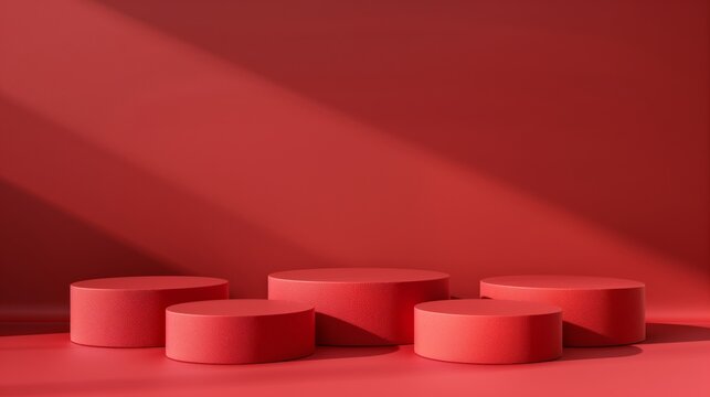 Five Minimalist Red Toned Round Podiums for Product Presentation on Empty Background. Ideal for E-commerce and Advertising Displays, Showcasing Minimalist Style and Elegance