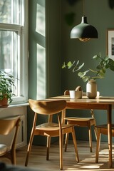 Modern Scandinavian dining room with green accents and wooden furniture
