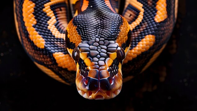 Orange and Black Python Snake Poses with Open Mouth for Close-Up Portrait