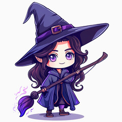 Adorable Cartoon Witch Holding a Broom