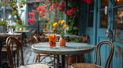 Obraz premium A table with a vase of flowers and a glass of juice