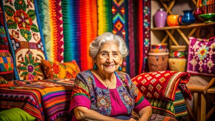 Fototapeta premium Senior woman hispanic cultural heritage symbolized by vibrant colorful textiles patterns warm lighting traditional ethnic home decor elements.