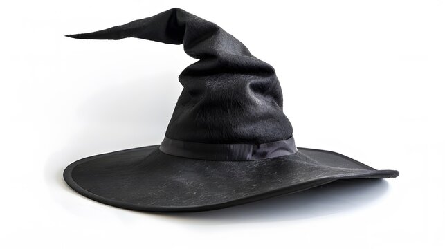 Black witch hat with a wide brim placed on white background with lots of empty space halloween day