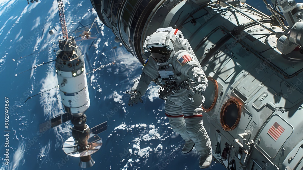 Poster astronauts, floating in the infinite void, are engaged in the precise construction of a space statio