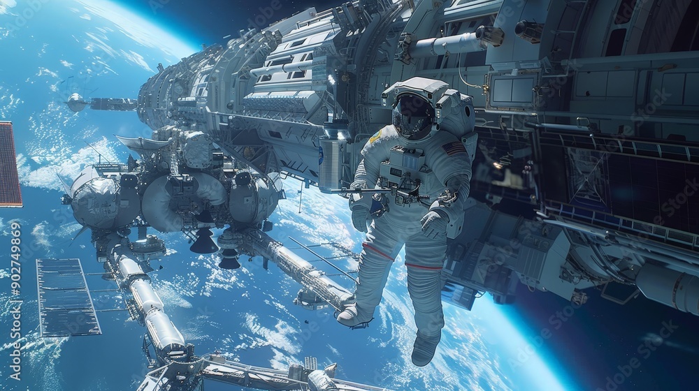 Poster astronauts, floating in the infinite void, are engaged in the precise construction of a space statio