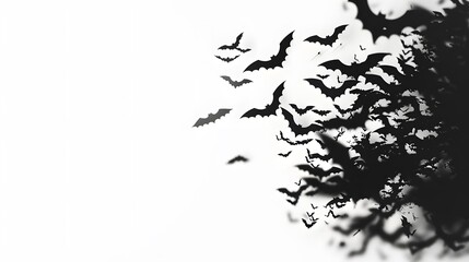 Black bat silhouettes scattered on a white background with lots of free space halloween day