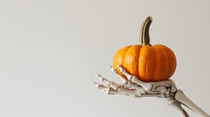 Skeleton hand holding a small orange pumpkin on a white background with lots of free space halloween day