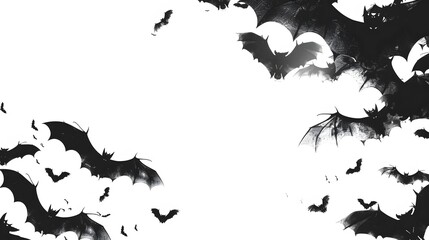 Black bat silhouettes scattered on a white background with lots of free space halloween day