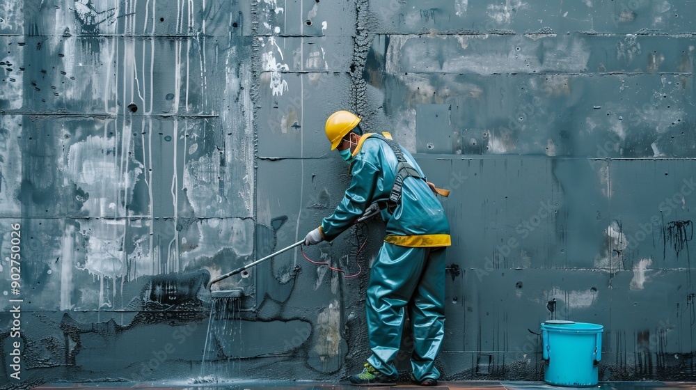 Poster a worker, fully protected by safety gear, mops down a wall to ensure cleanliness and hygiene. this m