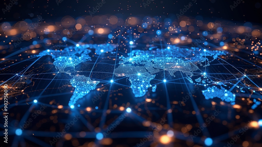 Poster a glowing digital world map with connected nodes, representing global network, communication, and da