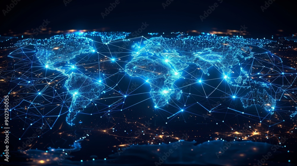 Poster a glowing digital map of the world with interconnected lines representing global communication and c