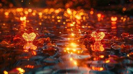 River glowing with autumnal colors and heart-shaped leaves floating on the surface, creating a picturesque and serene scene.