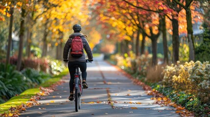 Fototapeta premium A Woman on a bike path in a suburban area, perfect for active lifestyle and transport themes.