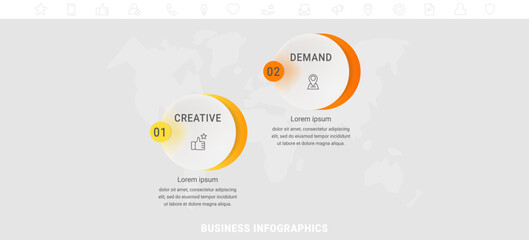 Vector timeline infographics template with 2 circles and options. Blank space for web, infographic, diagram, business, digital network, flowchart, presentations