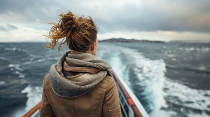Fototapeta premium A Woman on a ferry deck, with ample space for travel-themed captions.