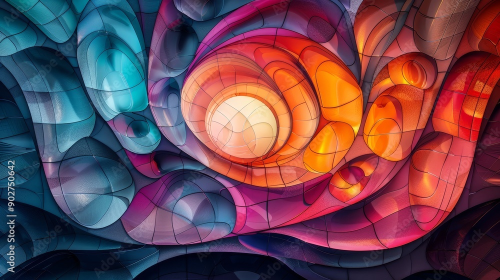 Poster abstract art with vibrant colors and swirling shapes creating a dynamic and energetic composition.